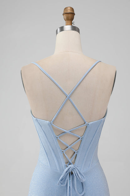 Light Blue Bodycon Corset Spaghetti Straps Short Homecoming Dress