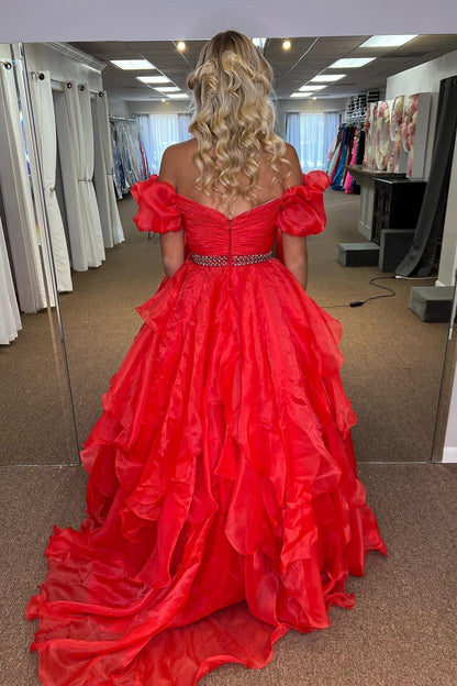 Giovanna | Red Off-the-Shoulder Layers Beaded Tulle Long Prom Dress