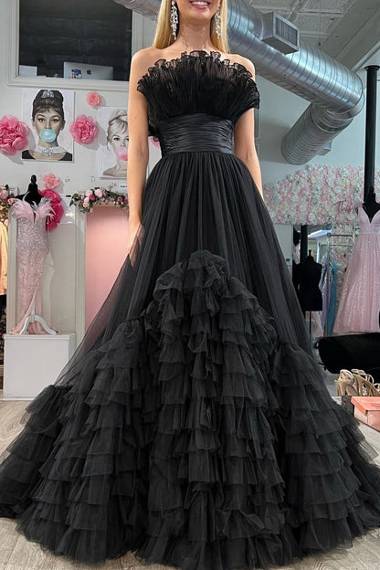 Alani |A-Line Strapless Pink Tiered Long Tulle Prom Dress