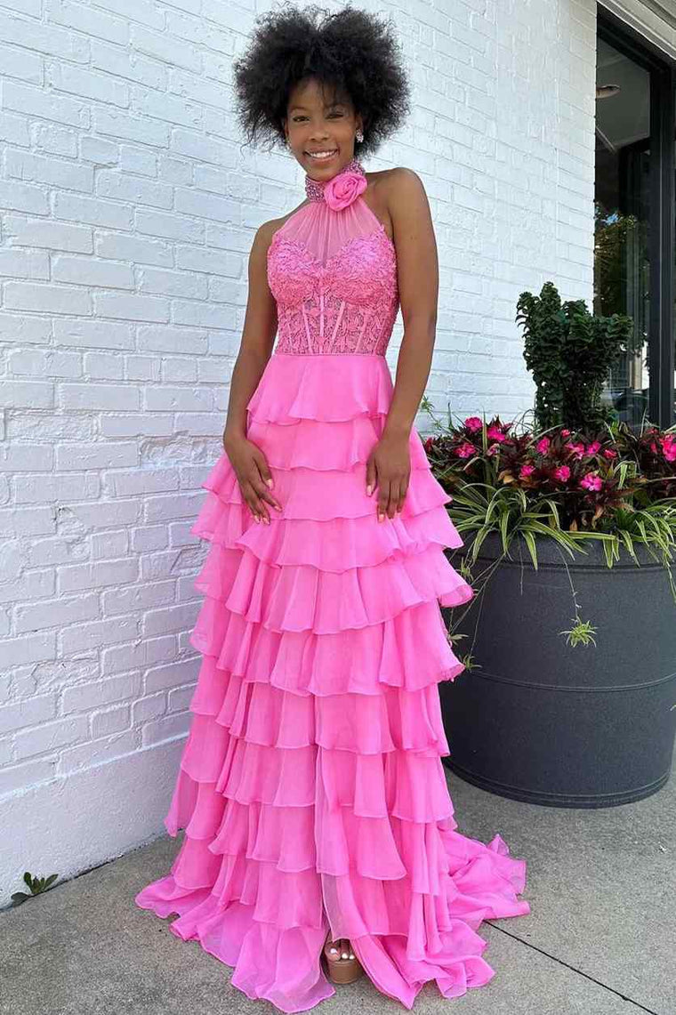 Emerie |A line High Neck Tiered Chiffon Prom Dress with 3D Flower