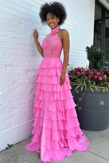 Emerie |A line High Neck Tiered Chiffon Prom Dress with 3D Flower