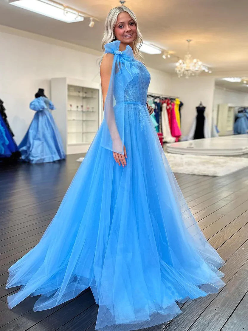 Ximena | Cute A Line One Shoulder Blue Tulle Prom Dress with Appliques