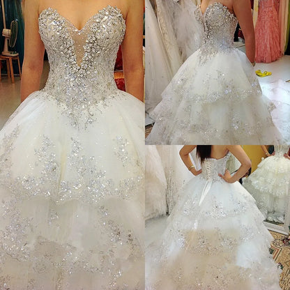 Luxury Ball Gown Fluffy Wedding Dresses Plus Size Tulle Lace Crystal Diamond Wedding Gowns     fg4424