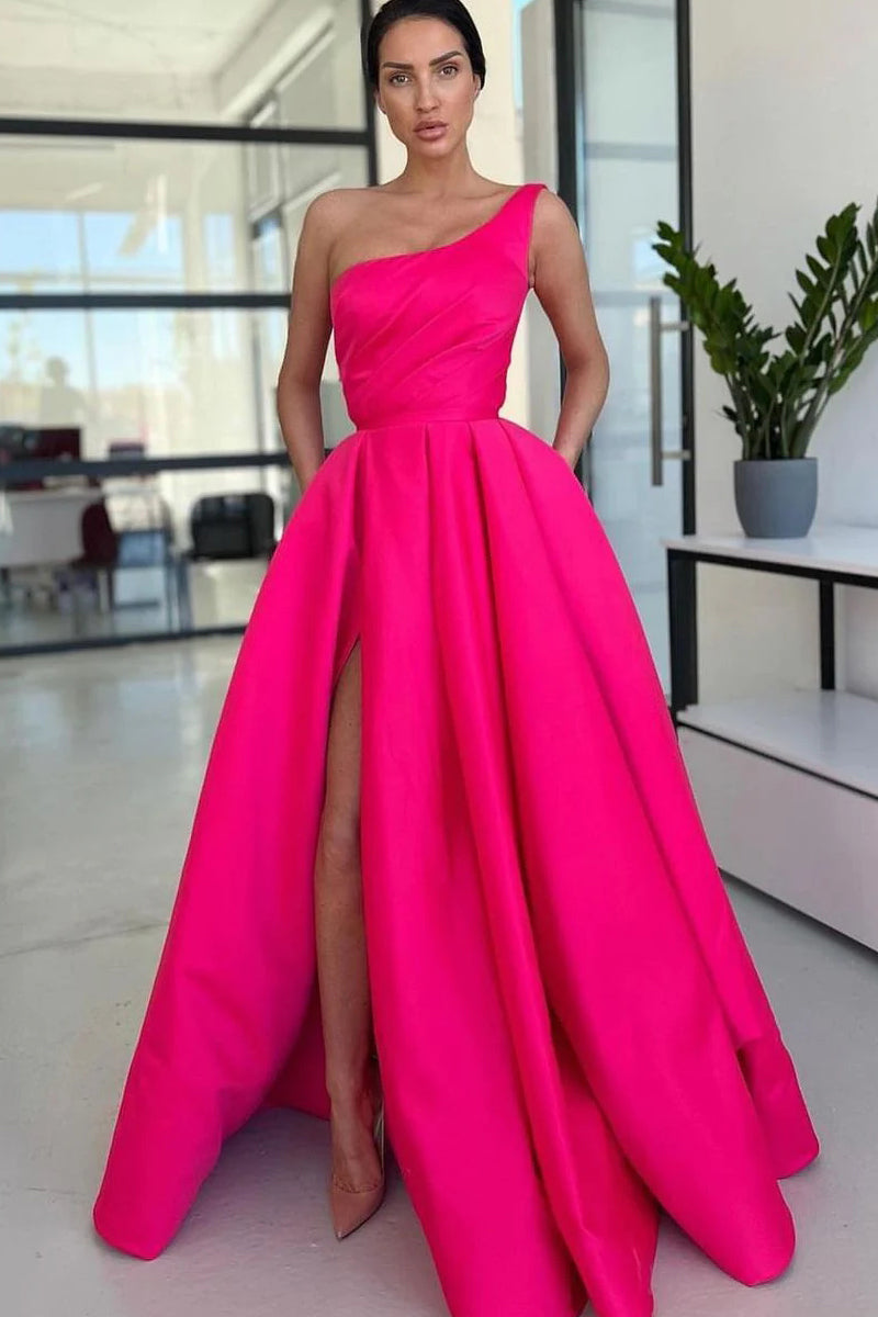 Ariella | Charming A Line One Shoulder Fuchsia Sequins Long Prom Dresses with Slit