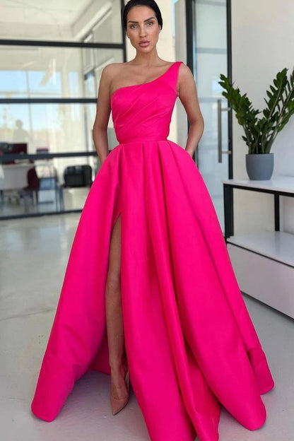 Ariella | Charming A Line One Shoulder Fuchsia Sequins Long Prom Dresses with Slit