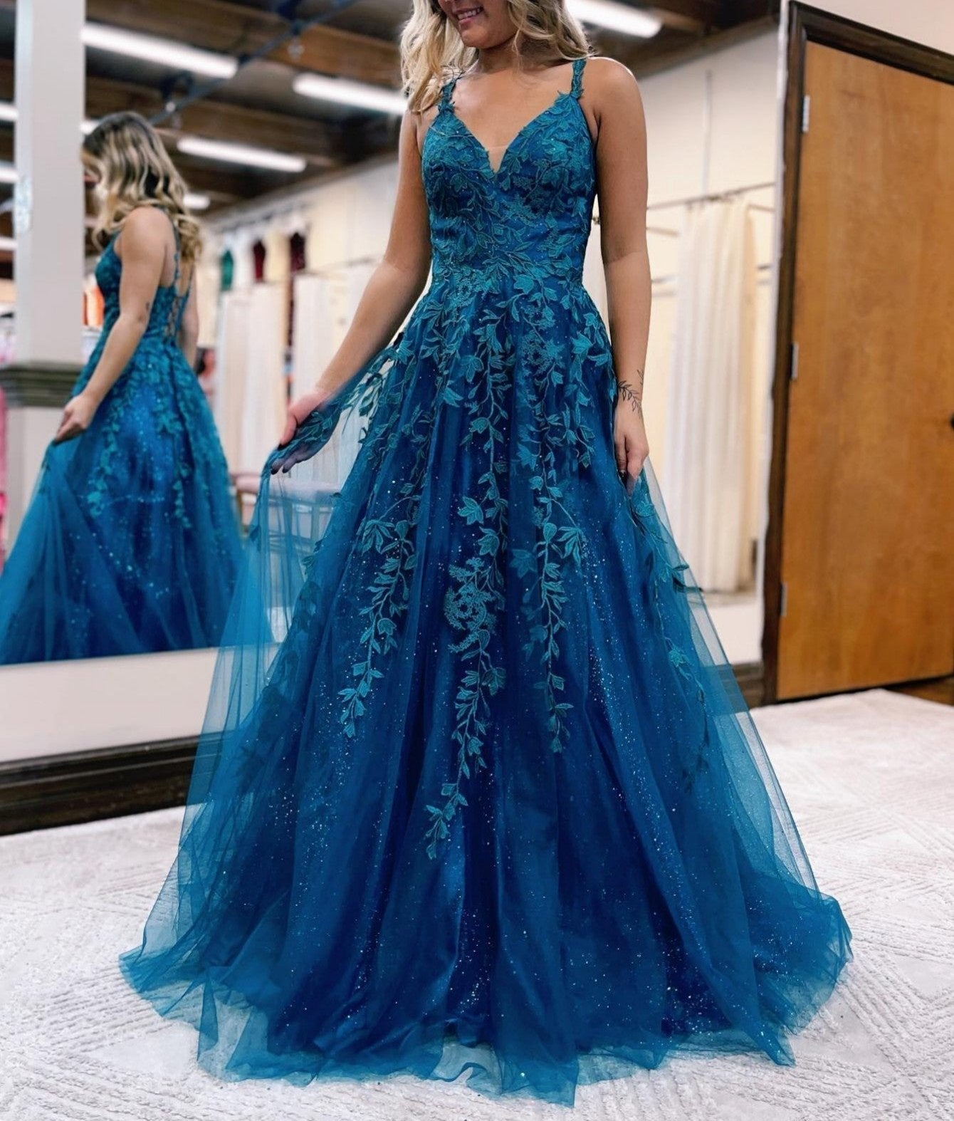 Veronica |A Line Ink Blue Glitter Tulle Lace Prom Dress