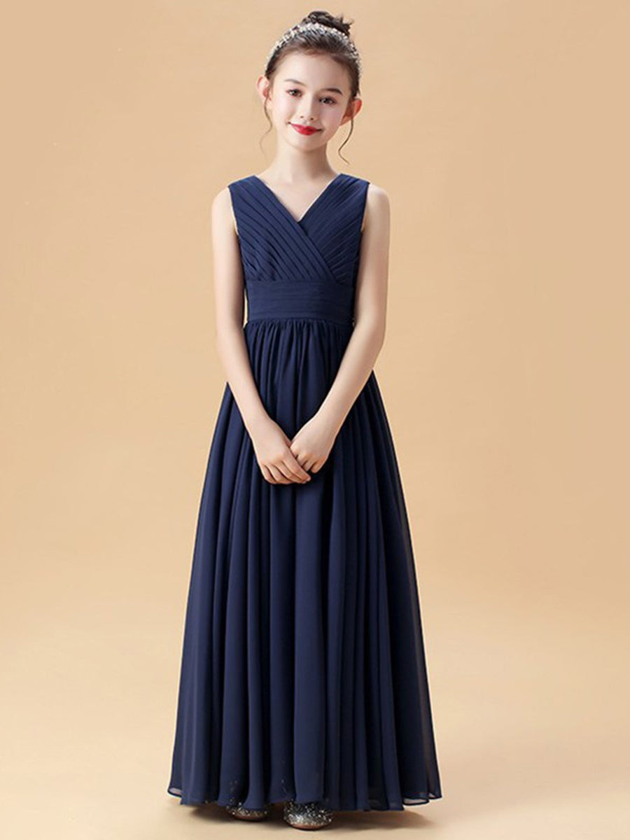 A-Line/Princess V-Neck Sleeveless Ruched Junior Girl Bridesmaid Dresses with Ruffles