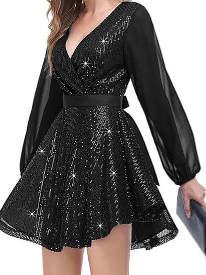 Women's Vintage Dresses Sequin Dress  V Neck Long Sleeve Mini Dress