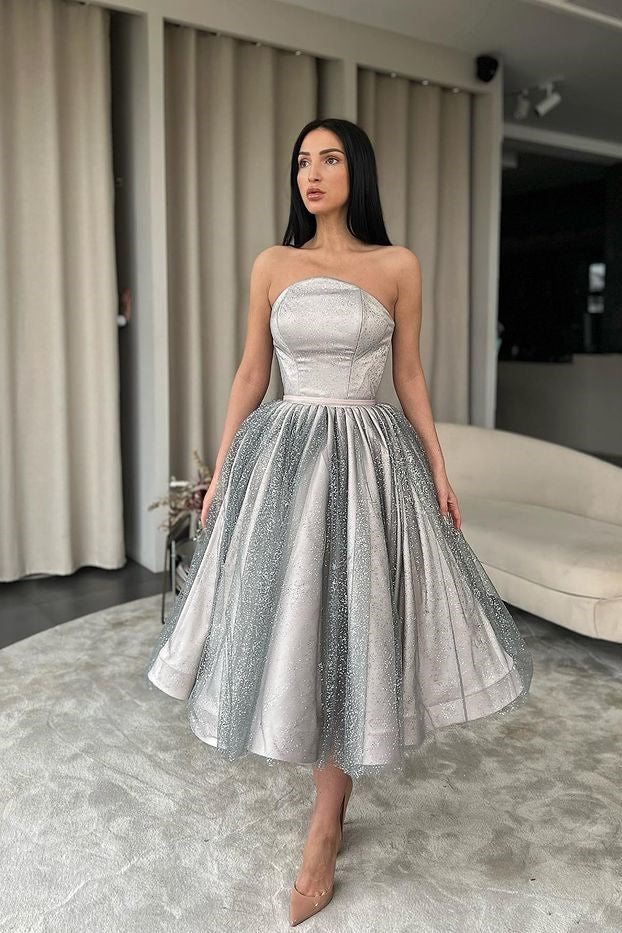 Silver Strapless A-Line Short Prom Dress With Sequins PD0747