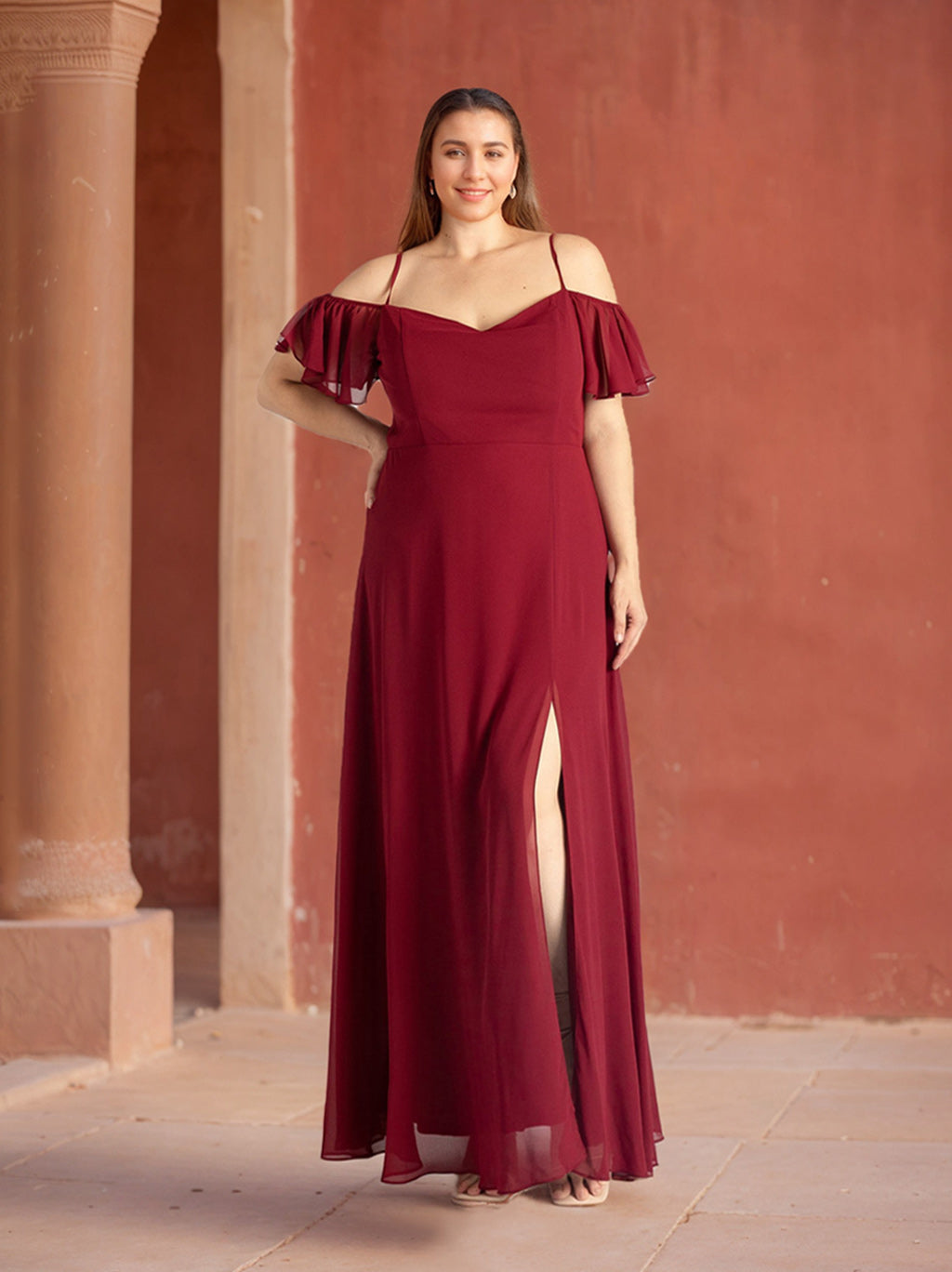 A Line/Princess Spaghetti Straps Sleeveless Floor-Length Chiffon Plus Size Bridesmaid Dresses with Split Side