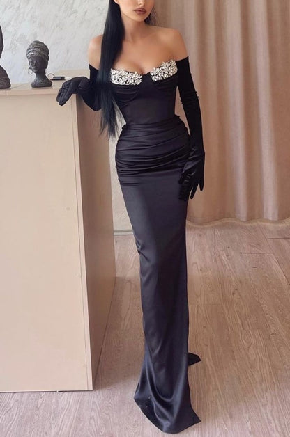 Black Prom Dress With Gloves Long Mermaid Appliques Satin YL0303