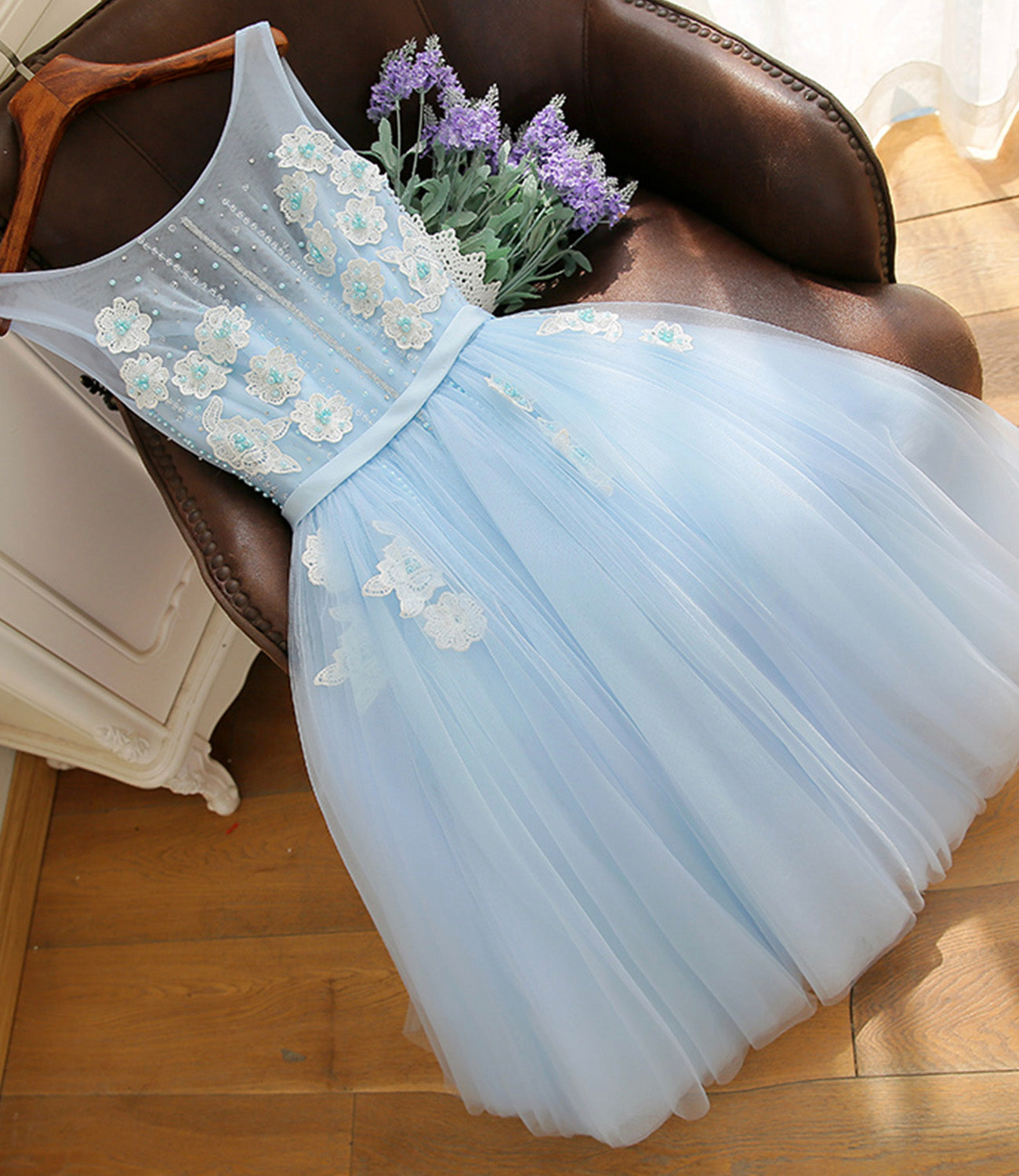 Blue tulle lace short prom dress A line homecoming dress  10577