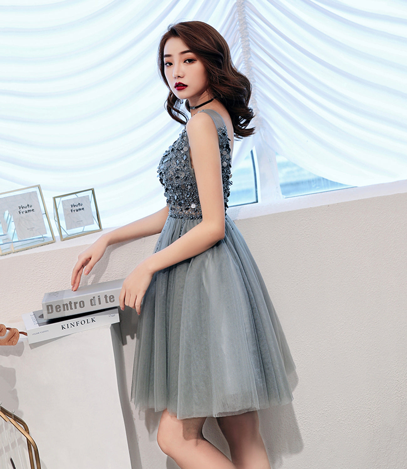 Gray tulle beads short prom dress fashion dress  8849