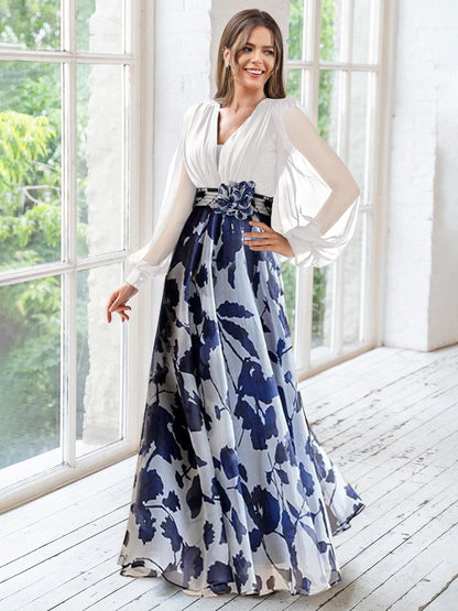 A Line/Princess V-Neck Long Sleeves Floor Length Floral Plus Size Mother of the Bride Dresses With Flower