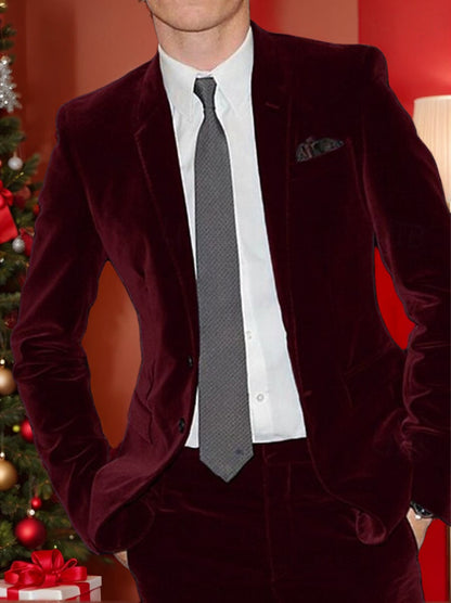 Burgundy Men's Velvet Single Breasted Two-Buttons Solid Wedding Party Suit Jacket