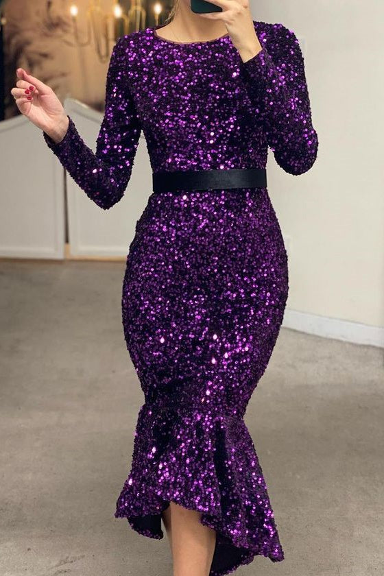 Long Sleeves Mermaid Sequins Prom Dress Online With Belt PD0912