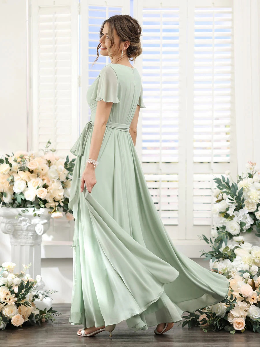 A-Line/Princess V-Neck Short Sleeves Floor-Length Chiffon Bridesmaid Dresses with Split Side & Ruched