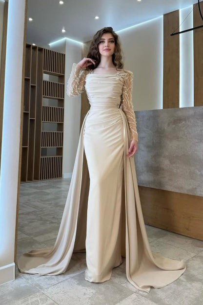 Gentle Beaded Long Sleeves Prom Dress With Detachable Trail ZT0325