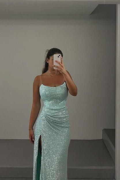 edgynewlook Shinning Mint Sequins Sleeveless Spaghtti Strap Long Pleated Prom Dress with Split