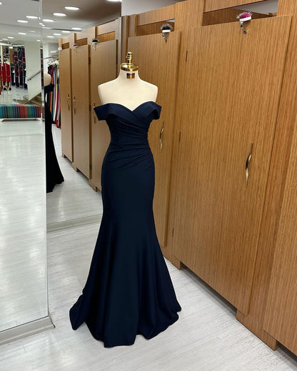 Long Mermaid Prom Dress Navy Blue  Off-the-shoulder Sweetheart Sleeveless YL0305