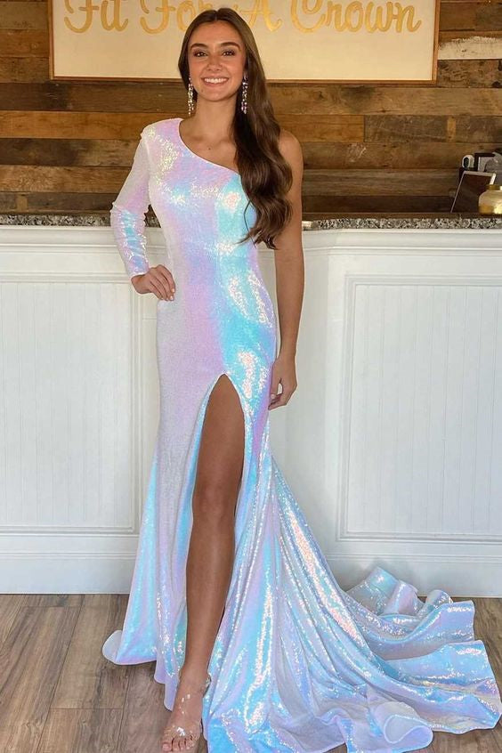 Elegant One Shoulder Long Sleeve Mermaid Prom Dress With Split PD0613