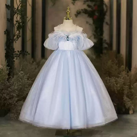 Floor Length Off-the-Shoulder A-Line/Princess Flower Girl Party Dress with Feathers