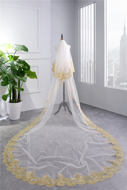 Two-tier Luxurious  Wedding Veil with Golden Lace