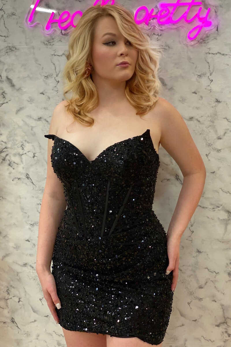 Black Sequin Strapless Tight Mini Homecoming Gown gh1321