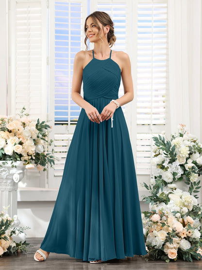 A-Line/Princess Halter Sleeveless Floor-Length Chiffon Bridesmaid Dresses with Ruched