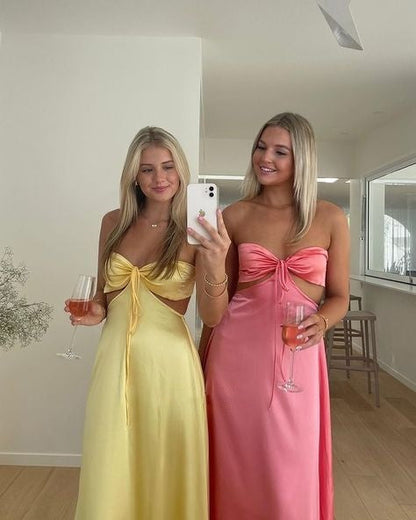 Yellow/Pink Strapless Elegant Simple Long Ball Gown Evening Gown Bridesmaid Dress gh3046