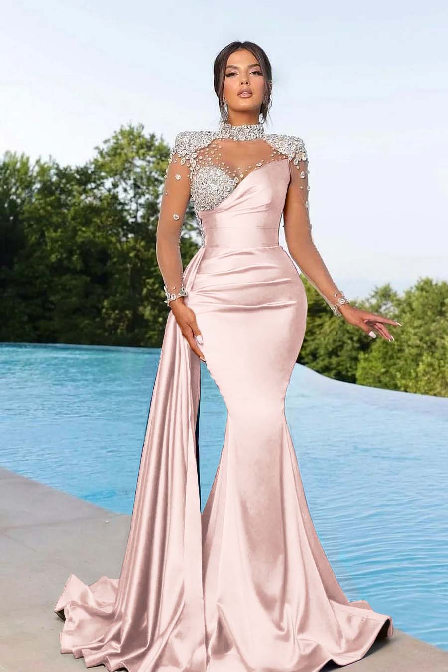 Prom Dress Long Mermaid Satin With Trail Beadings Long Sleeves Purple YL0236