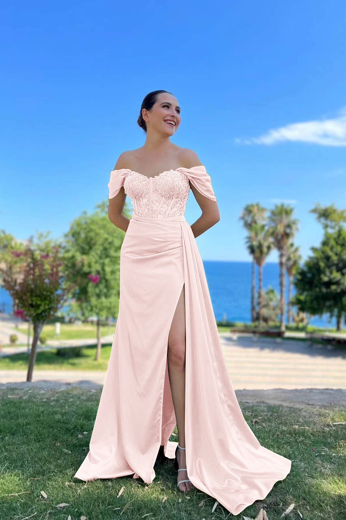 Off-The-Shoulder Front Split Mermaid Prom Dress With beads Sweetheart ED0192