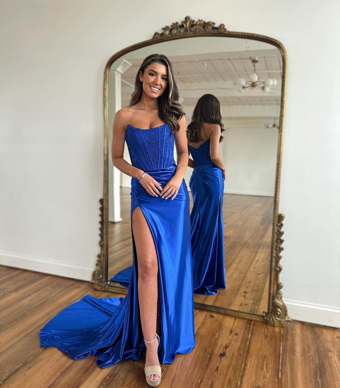 Prom Dress Fushcia Bateau Sleeveless Strapless Appliques Slit YL0114