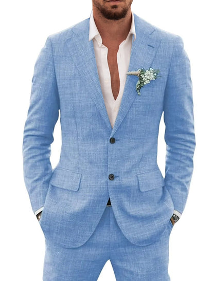 Men's Tailored Fit Single Breasted Two-buttons 2 Pieces Solid Colored Linen Suits