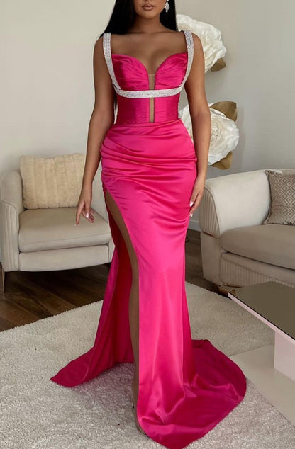 Mermaid Prom Dress Spaghetti Strap Fuchsia With High Slit V Neck Sleeveless YL0315