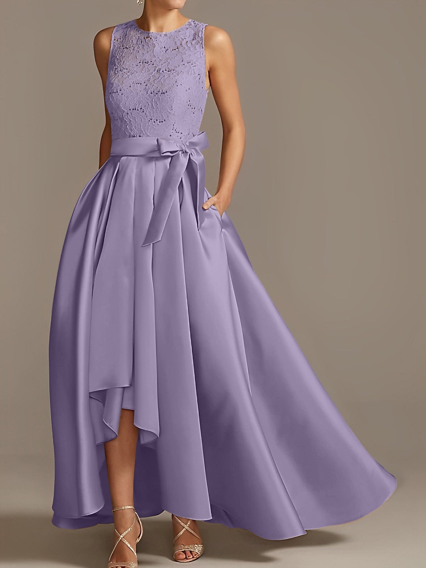 A-Line/Princess Jewel Neck Sleeveless Asymmetrical Mother Of The Bride Dresses With Pleats