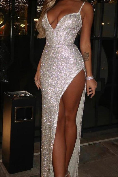 edgynewlook Stunning White Sequins Sleeveless Spaghetti Strap  Slim Prom Dress with Split