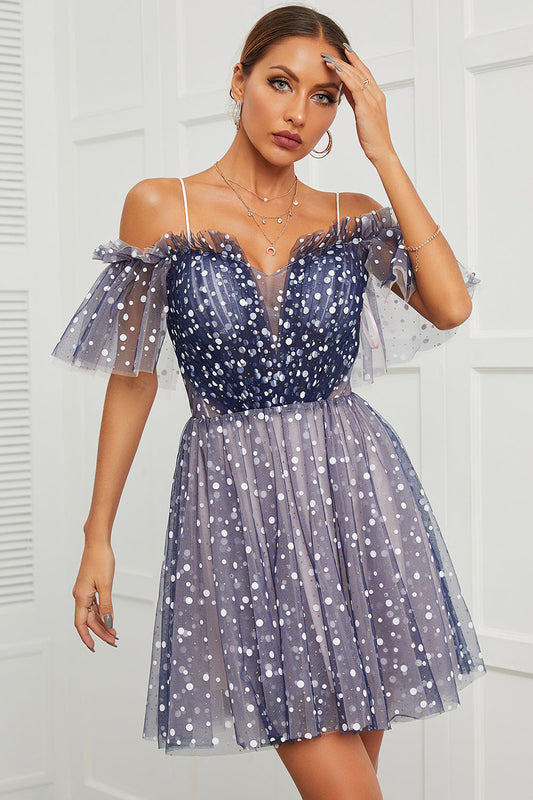 Cute Navy A Line Polka Dots Off Shoulder Homecoming Dress