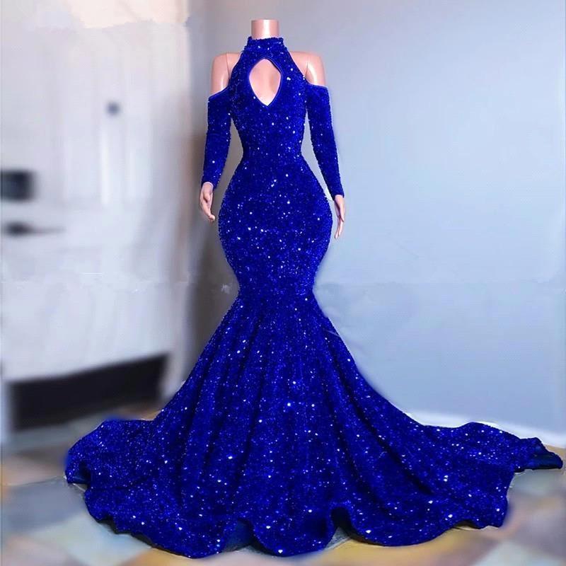 Royal Blue Long Sleeves Mermaid Long Prom Dress High Collar With Sequins PD0673