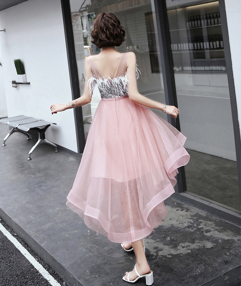 Unique tulle sequins prom dress high low evening dress  8412