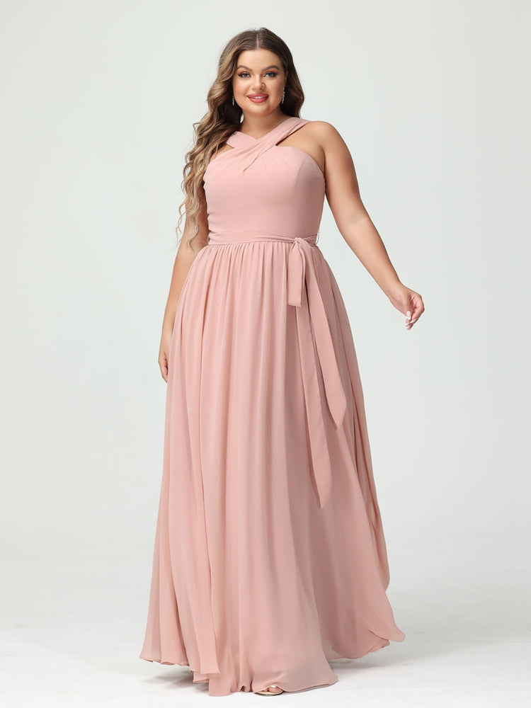 A-Line/Princess/Princess Criss Cross Sleeveless Chiffon Plus Size Bridesmaid Dresses with Sash