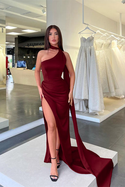 Red High Collar Long Mermaid Slit Prom Dress With Ruffles ED0244