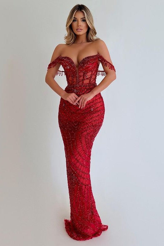 Sequins Red Prom Dress Sleeveless Strapless Long Tassel YL0066