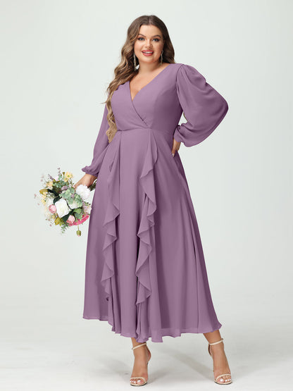 A-Line/Princess/Princess V-Neck Long Sleeves Chiffon Tea-Length Plus Size Bridesmaid Dresses with Pockets & Ruffles