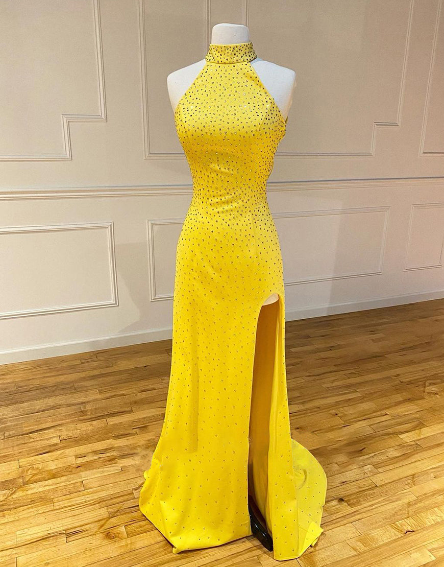 Aliyah | High Neck Mermaid Yellow Prom Dress with Split