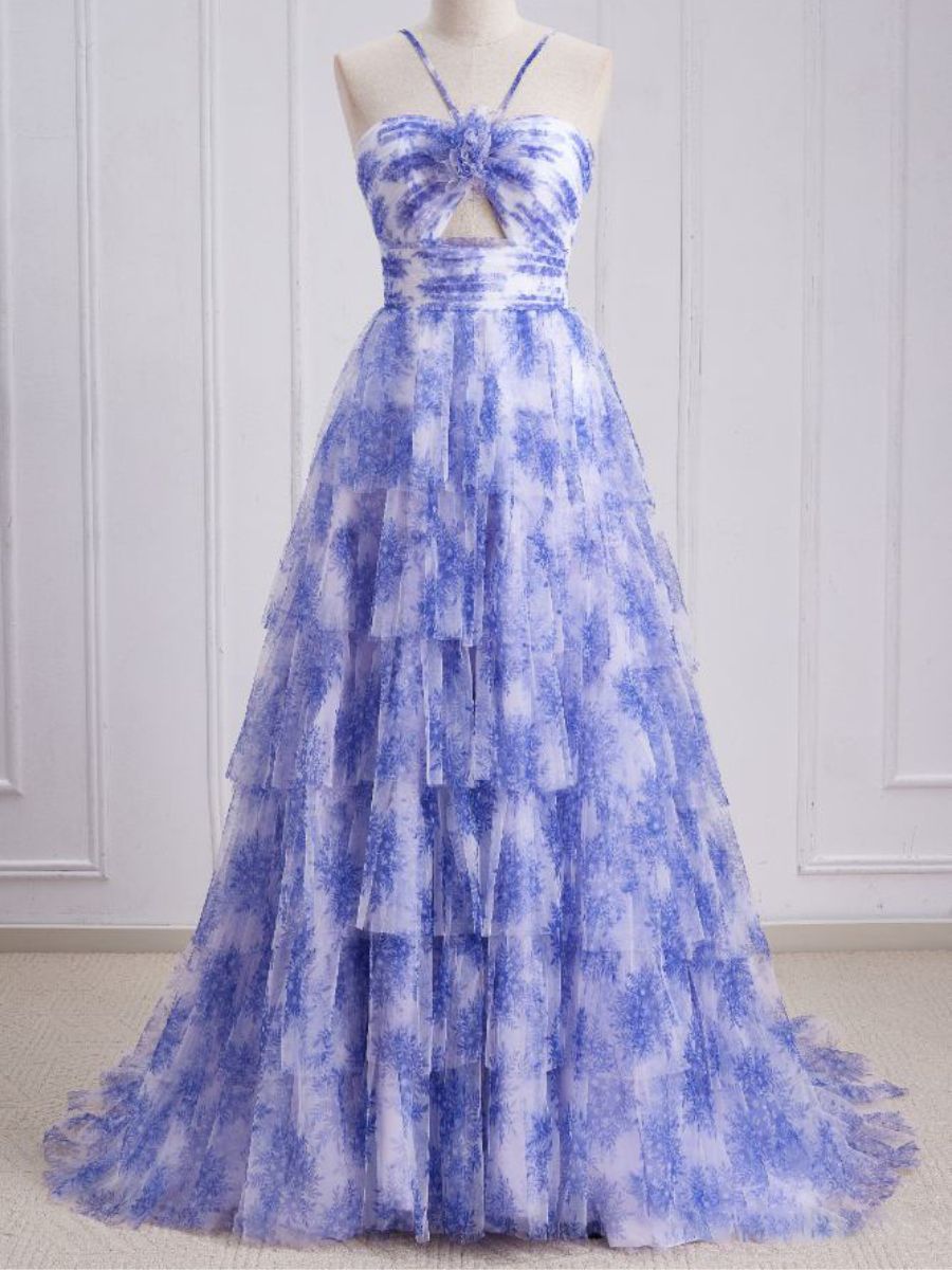 A-Line/Princess Strapless Sweetheart Long Prom Dresses With Printed Flower & Ruffles