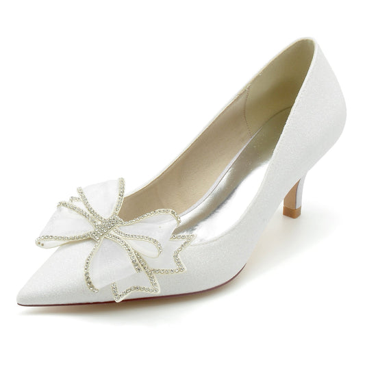 Women's Wedding Shoe Glitter Bow Mid Heel Pointed Toe Bridal Shoes