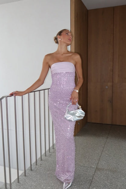 Lilac Strapless Pearls Beaded Sheath Prom Dress ZT0608