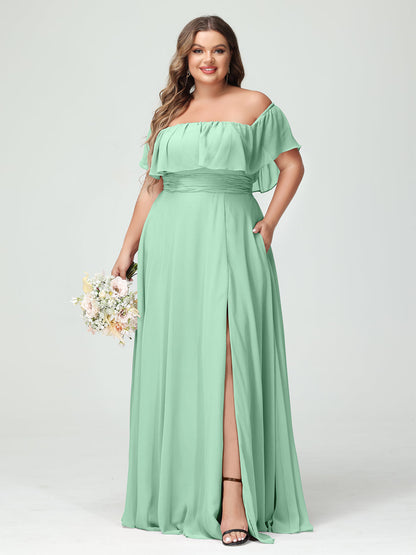 A-Line/Princess Off-the-Shoulder Short Sleeves Chiffon Plus Size Bridesmaid Dresses with Pockets & Split Side