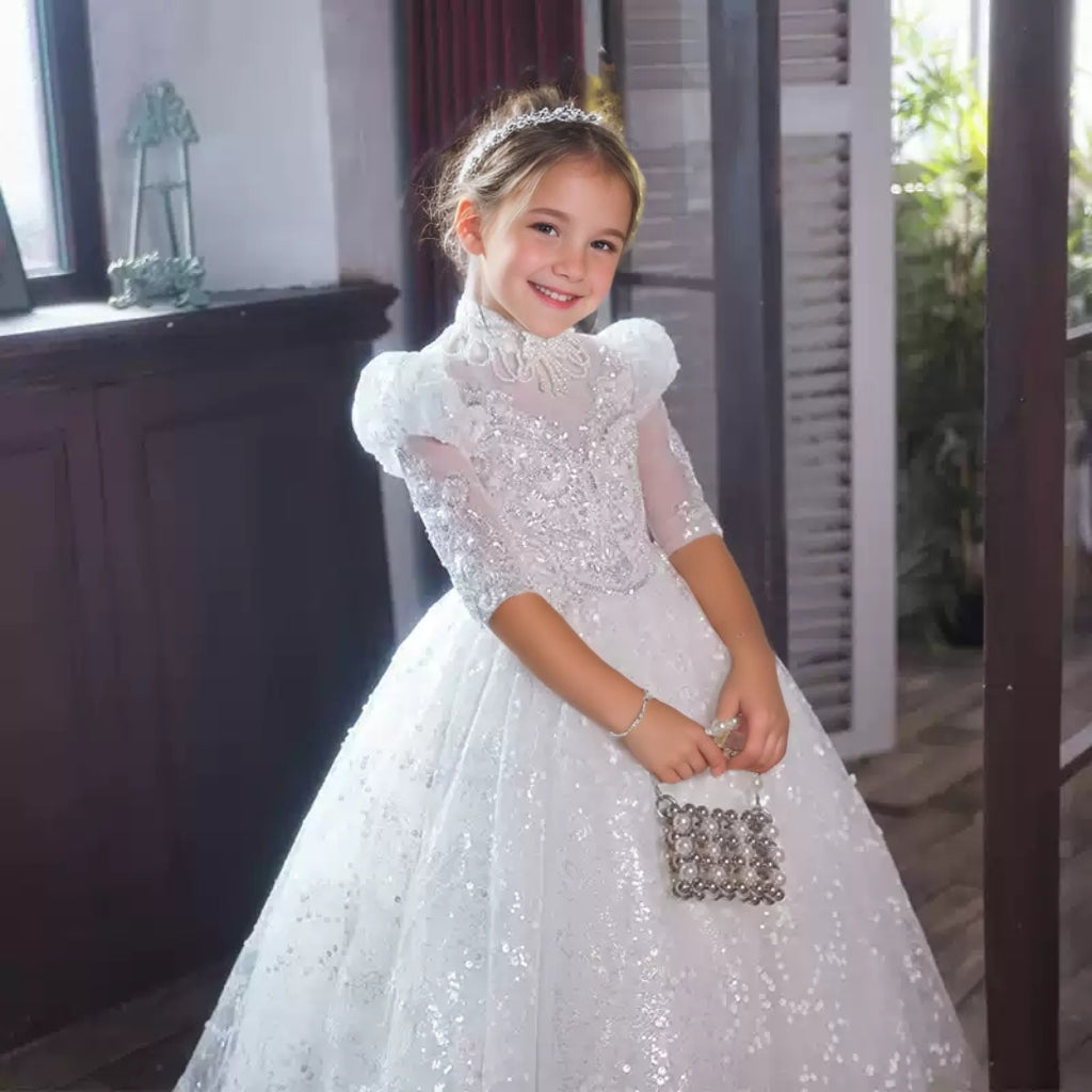 A-Line/Princess 3/4 Sleeves Flower Girl Lace Party Dress with Rhinestone Appliques